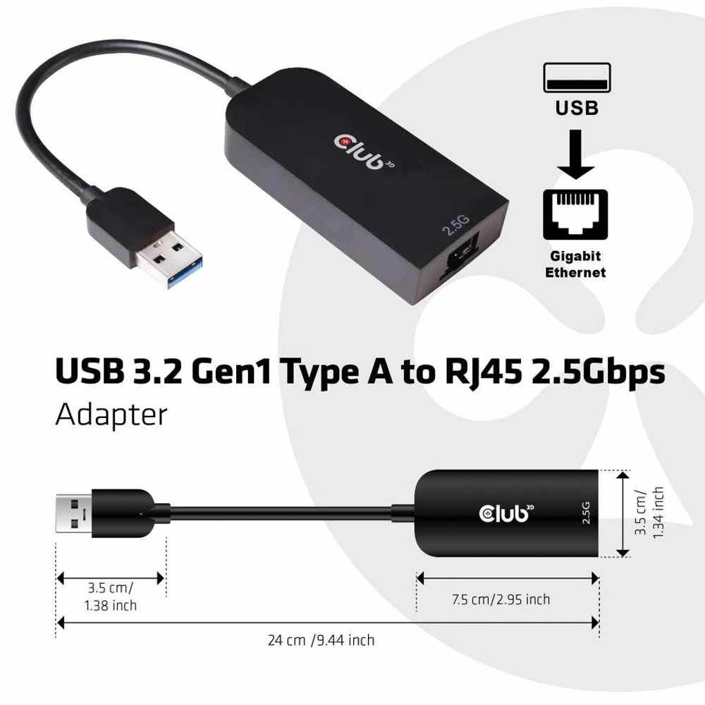 Club 3D Usb 3.2 Gen1 Type A To Rj45 2.5Gb Adapter