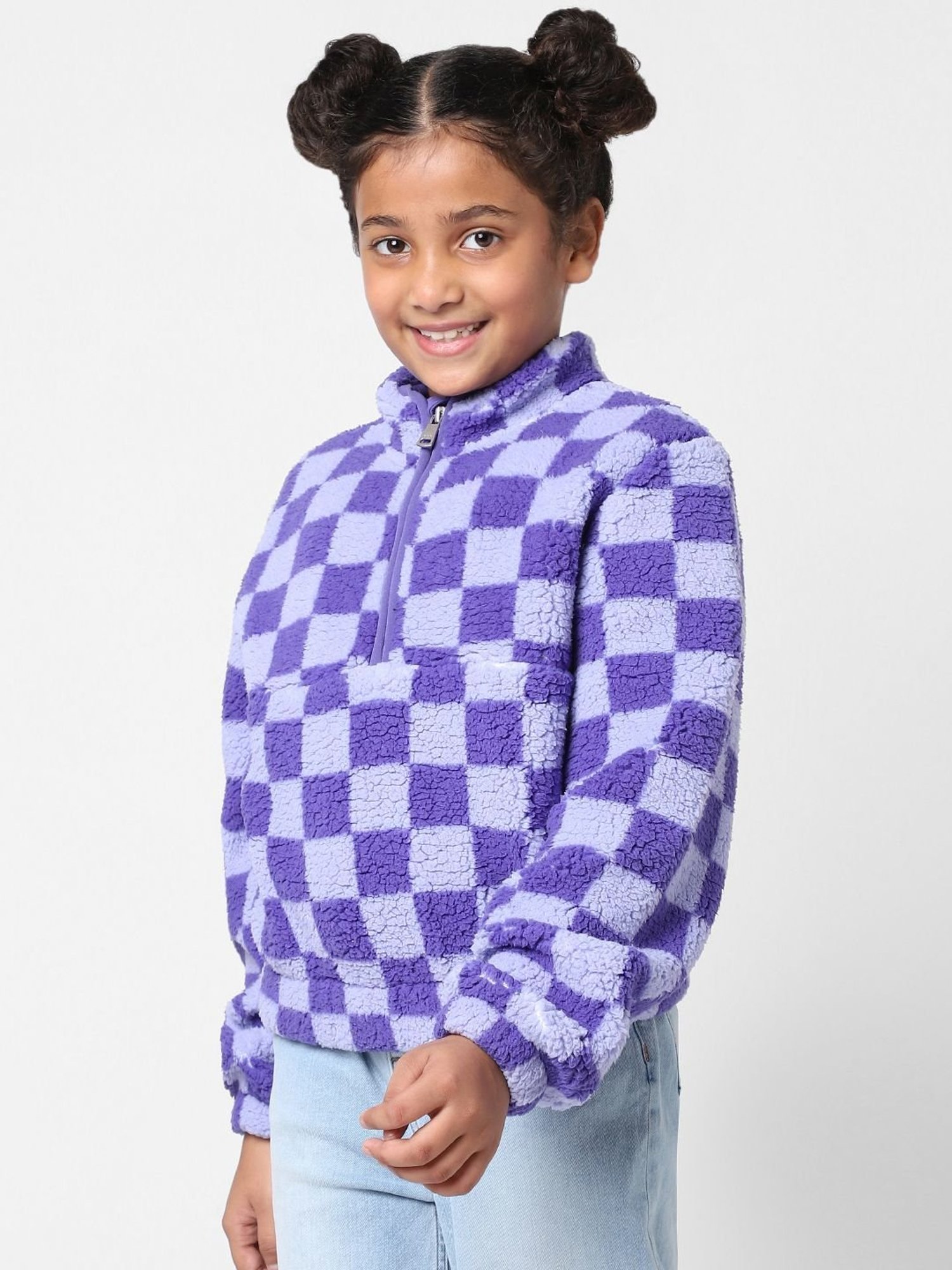 KIDS ONLY Kids Purple Chequered Full Sleeves Sweatshirt