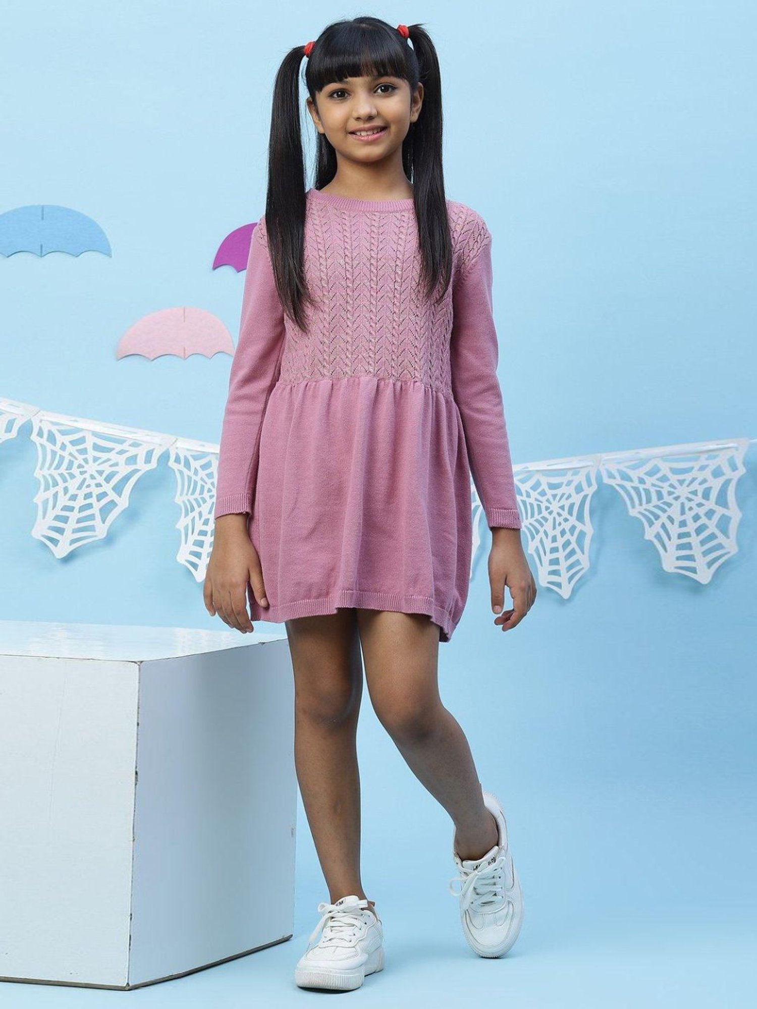 BIBA Girls Onion Pink Cotton Self Pattern Dress