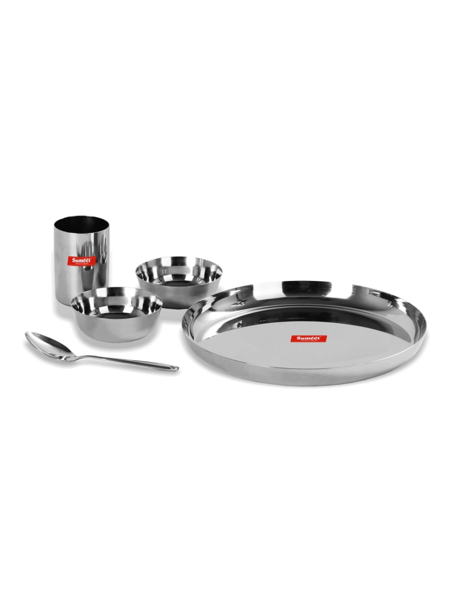 Sumeet S.S.Heavy Gauge Mirror Finish Buffet set/Dinner Set-5Pc(1 Plate,2 Bowl/Wati,1 Glass,1 Spoon)