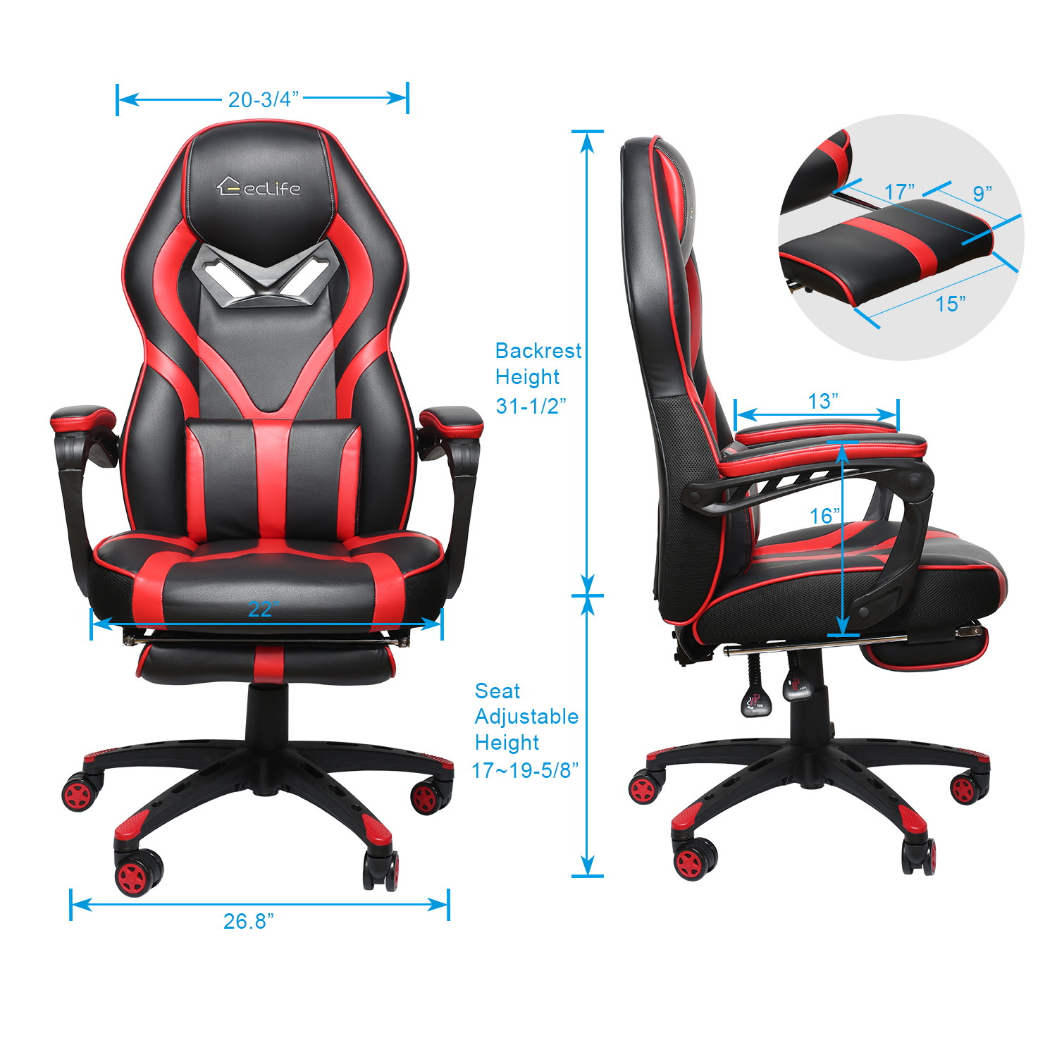 Eclife Gaming Chair Office Chair High Back Computer Chair Leather Desk Chair Ergonomic Adjustable Swivel Task Chair with Massage Lumbar Support and Footrest