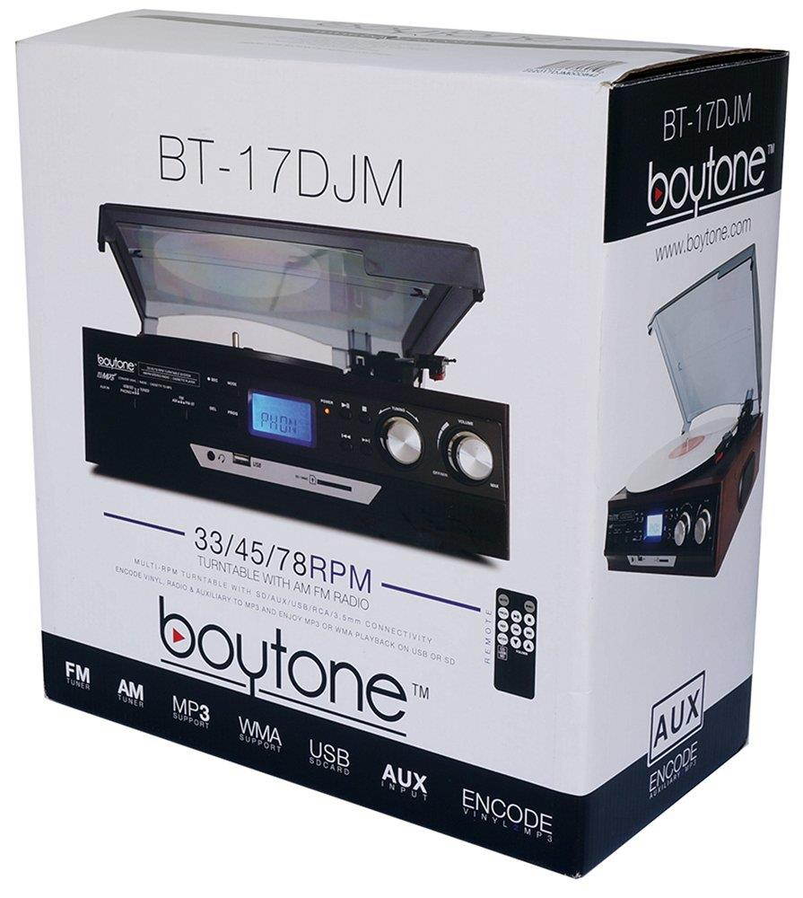Boytone BT-17DJM 3-speed Stereo Turntable, 2 Built in Speakers Digital LCD Display AM/FM Radio, USB/SD Slot, AUX+ MP3 & WMA Playback /Recorder & Headphone Jack + Remote Control