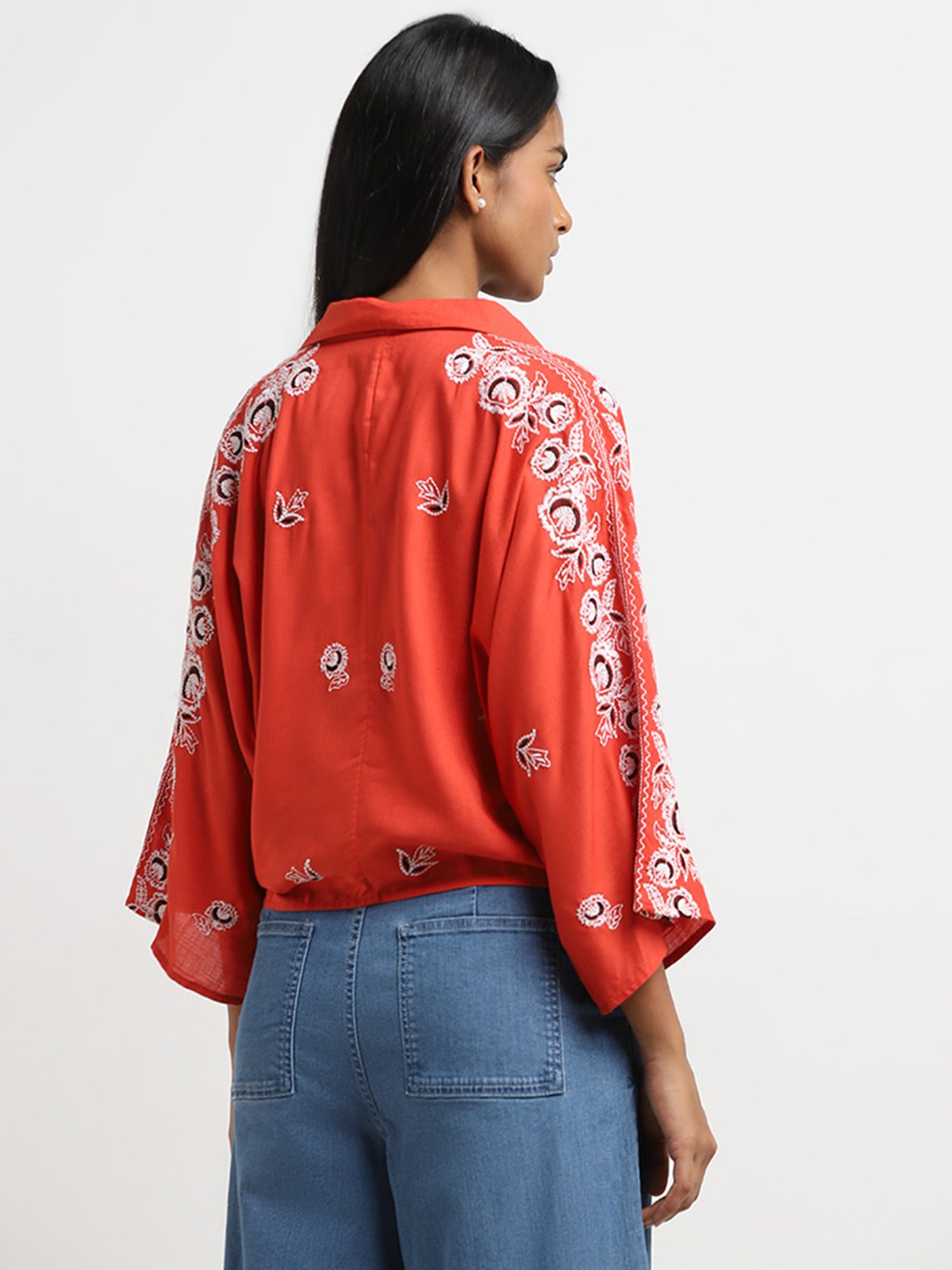 LOV by Westside Dark Orange Floral Embroidered Tie-Up Top