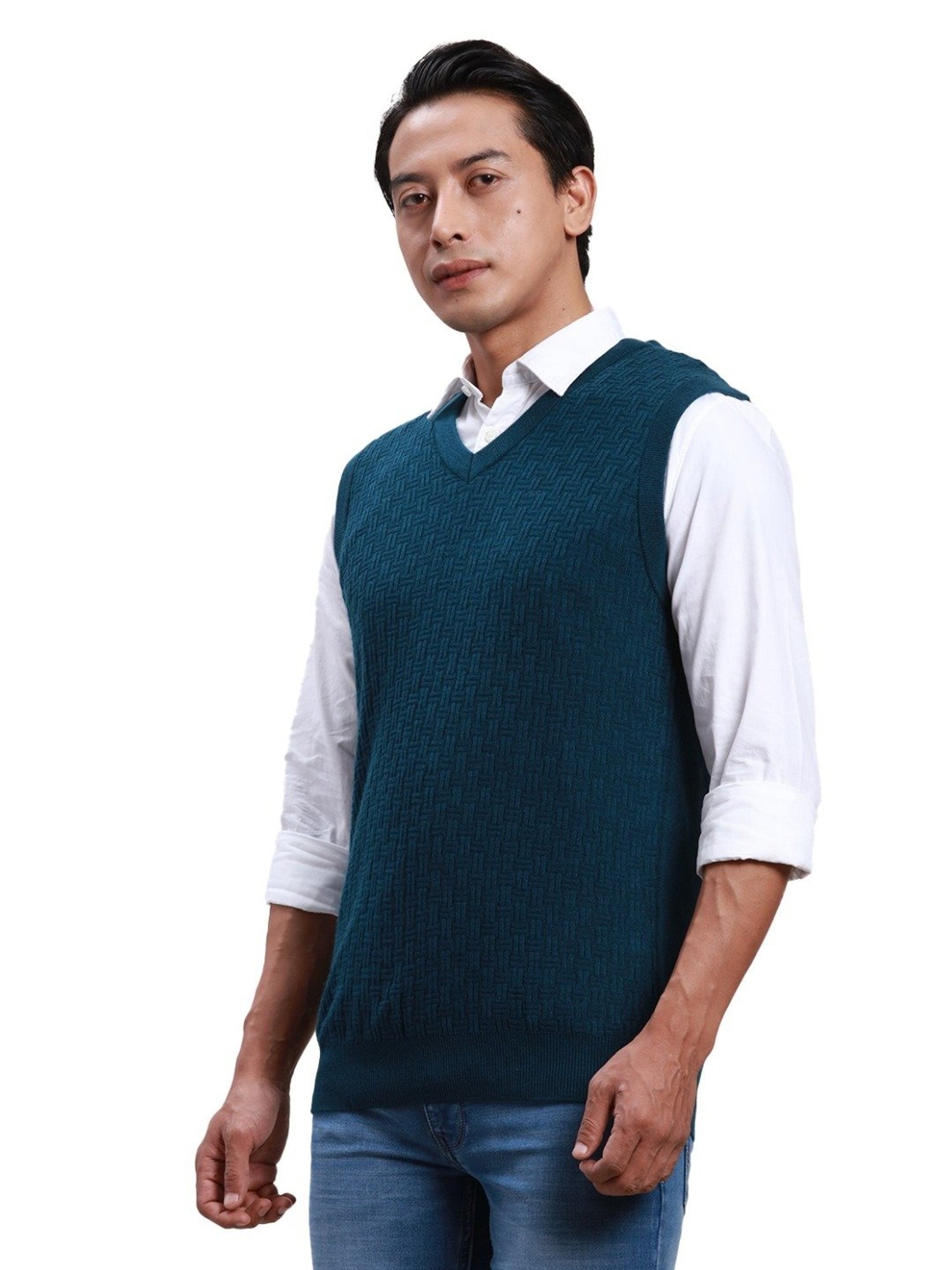 ColorPlus Blue Classic Fit Self Pattern Sweater