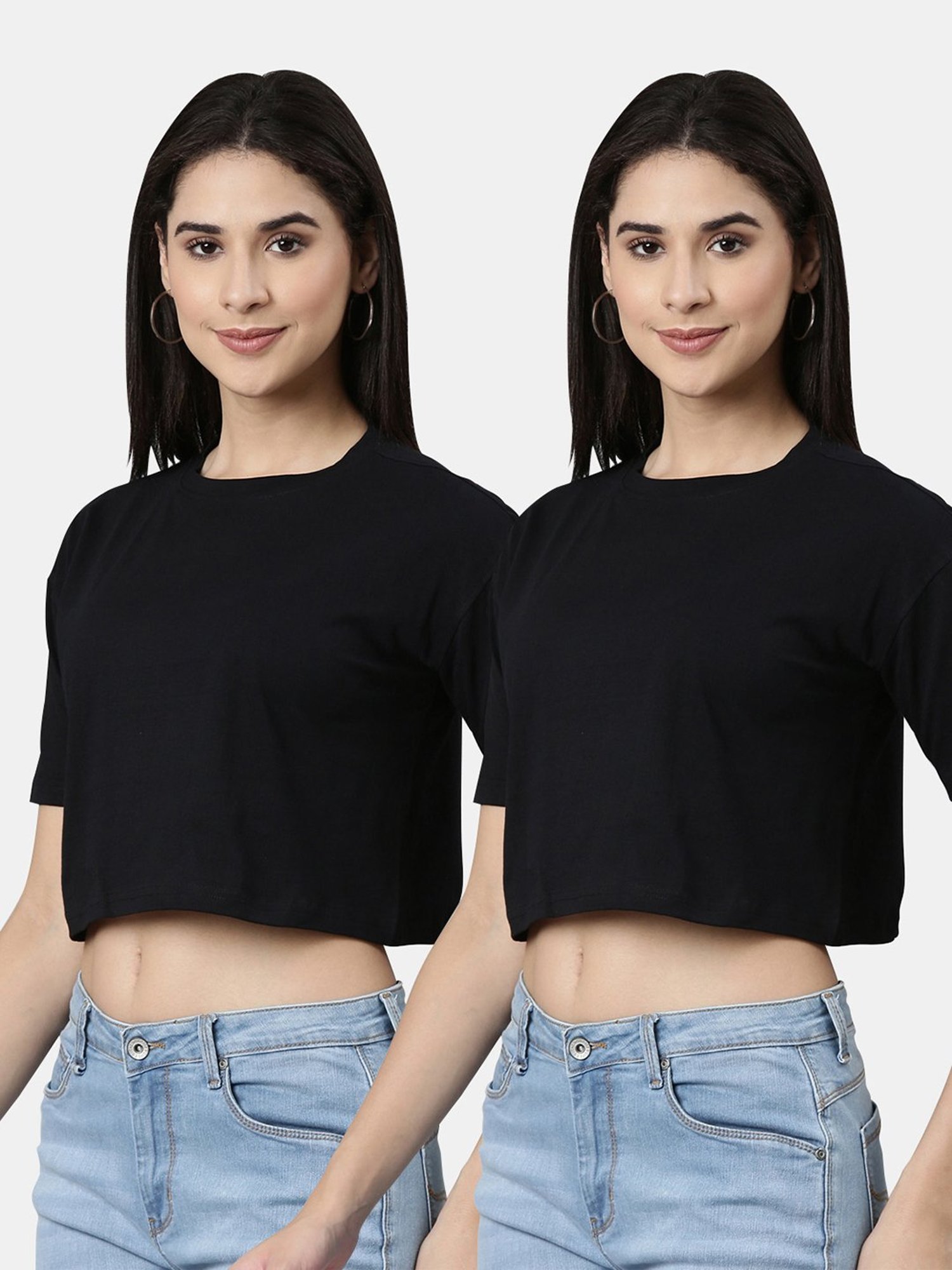 Kryptic Black Cotton Relaxed Fit Crop T-Shirt (Pack Of 2)