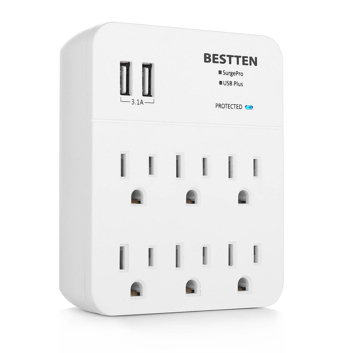 BESTTEN Multi Wall Tap Outlet Adapter Surge Protector with 2 USB Charging Ports (2.4A/Port, 3.1A Total) and 6 Electrical AC Sockets, ETL Certified, White