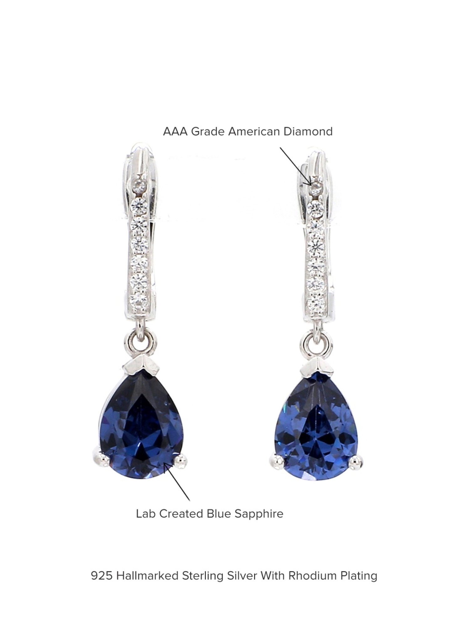 Ornate Jewels 925 Silver Pear Blue Sapphire and American Diamond Drop Dangle Earrings