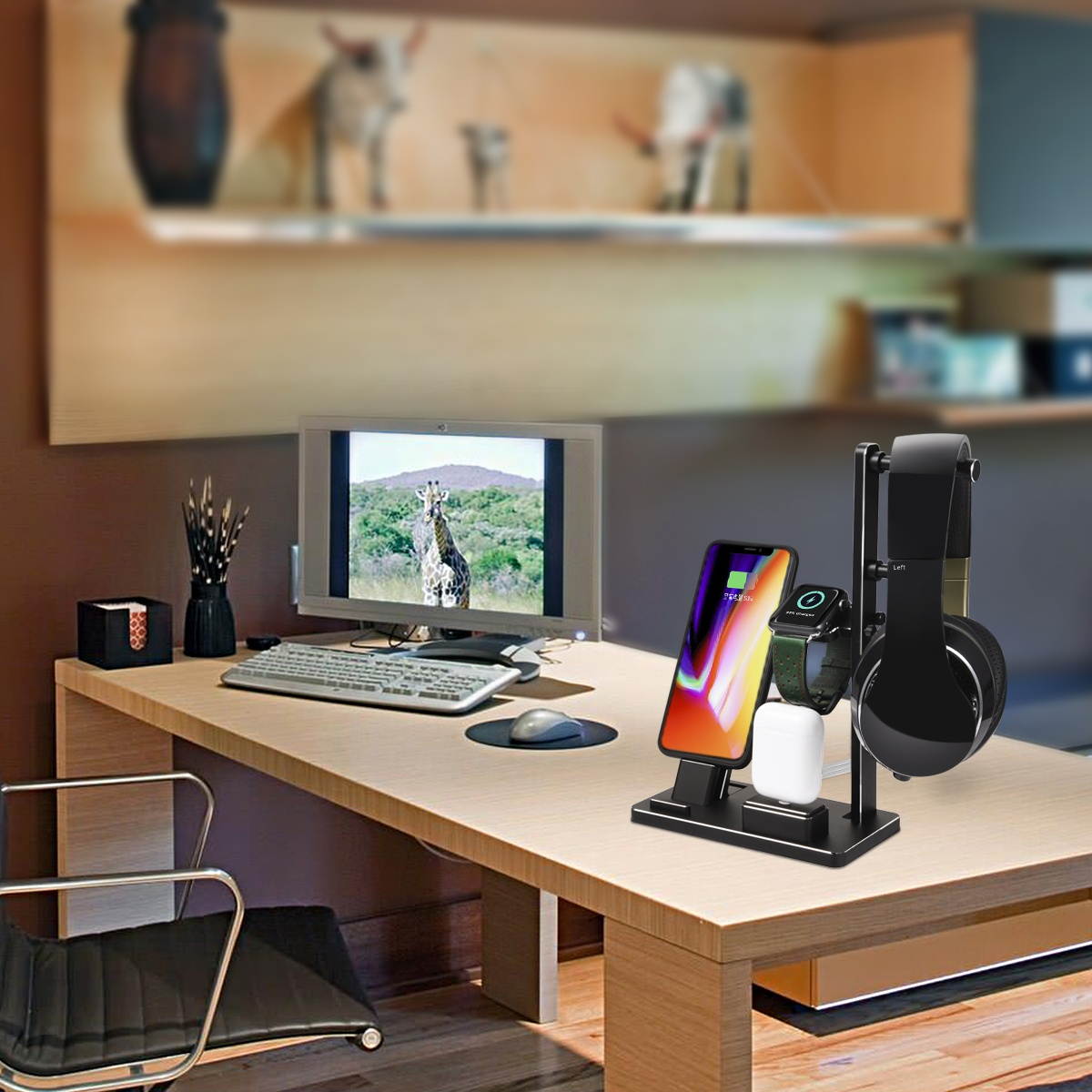 6 in 1 Phone Watch Stand Station Dock Station Charging Stand for iWatch Headphones Holder (Black)