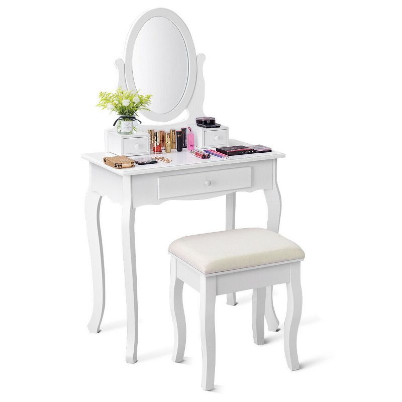 Costway White Vanity Table Jewelry Makeup Desk Bench Dresser Stool 3 Drawers