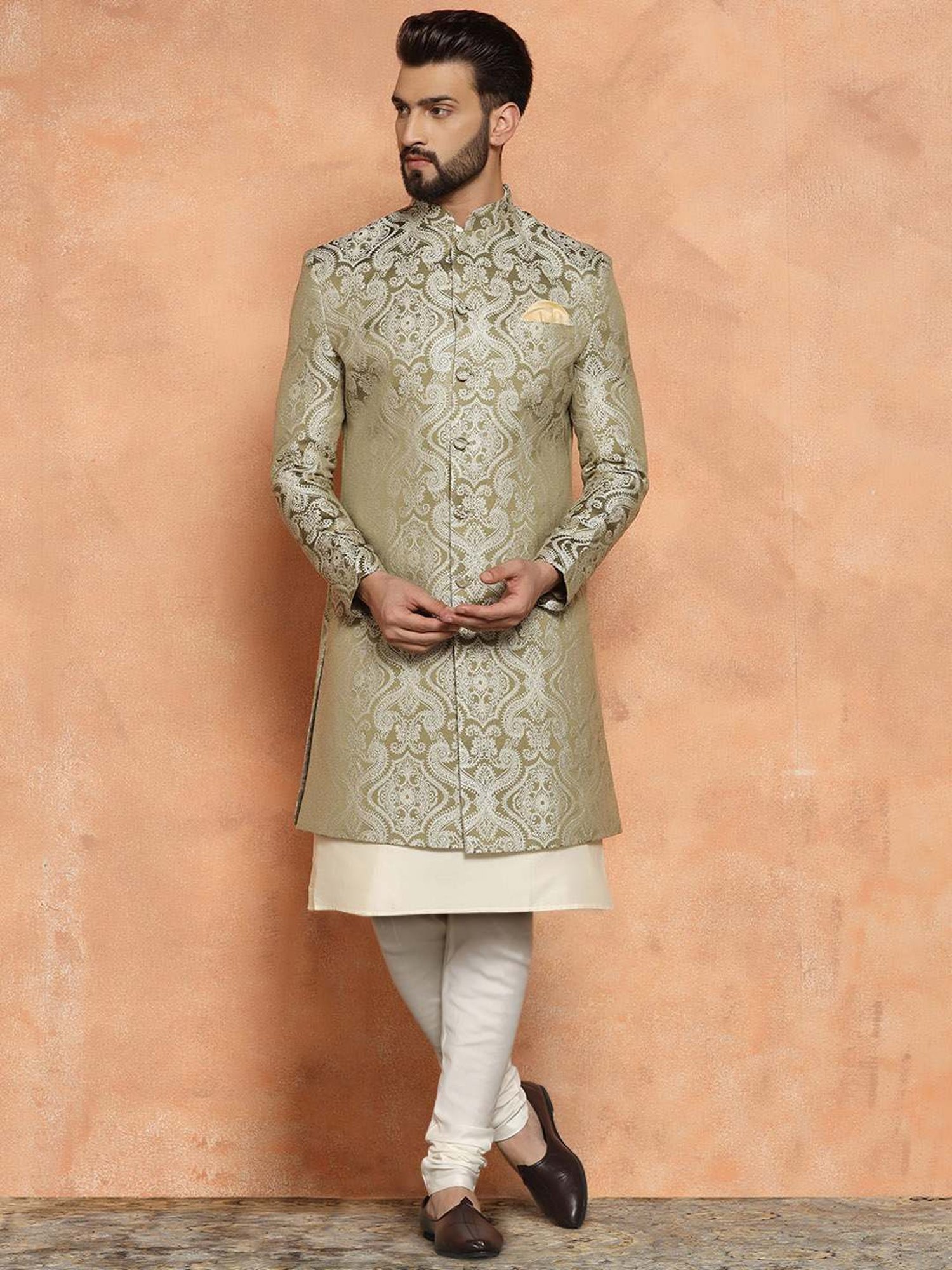 Kisah Beige & Green Regular Fit Jacquard Sherwani Set