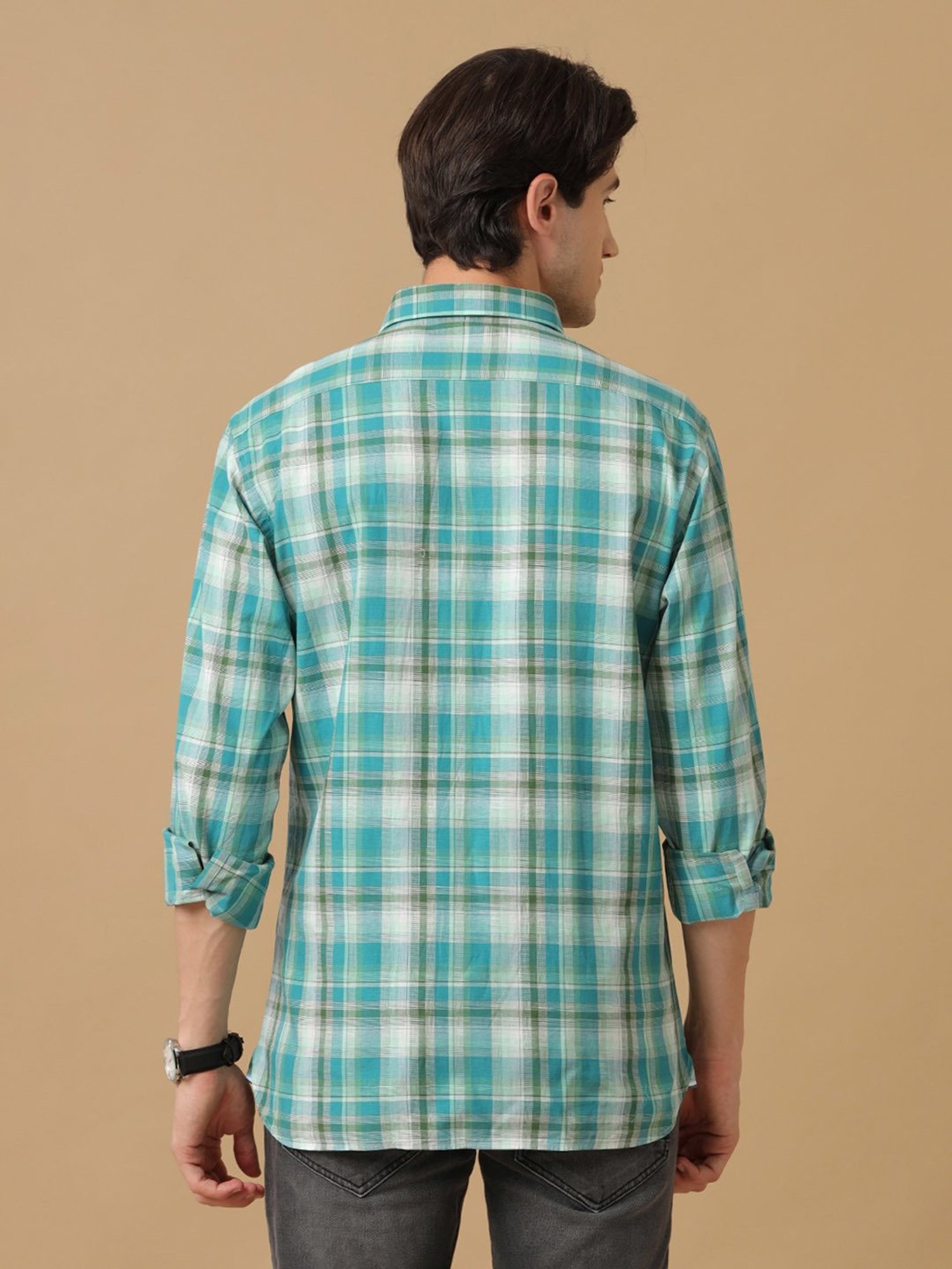 CAVALLO by Linen Club Green Contemporary Fit Check Shirt