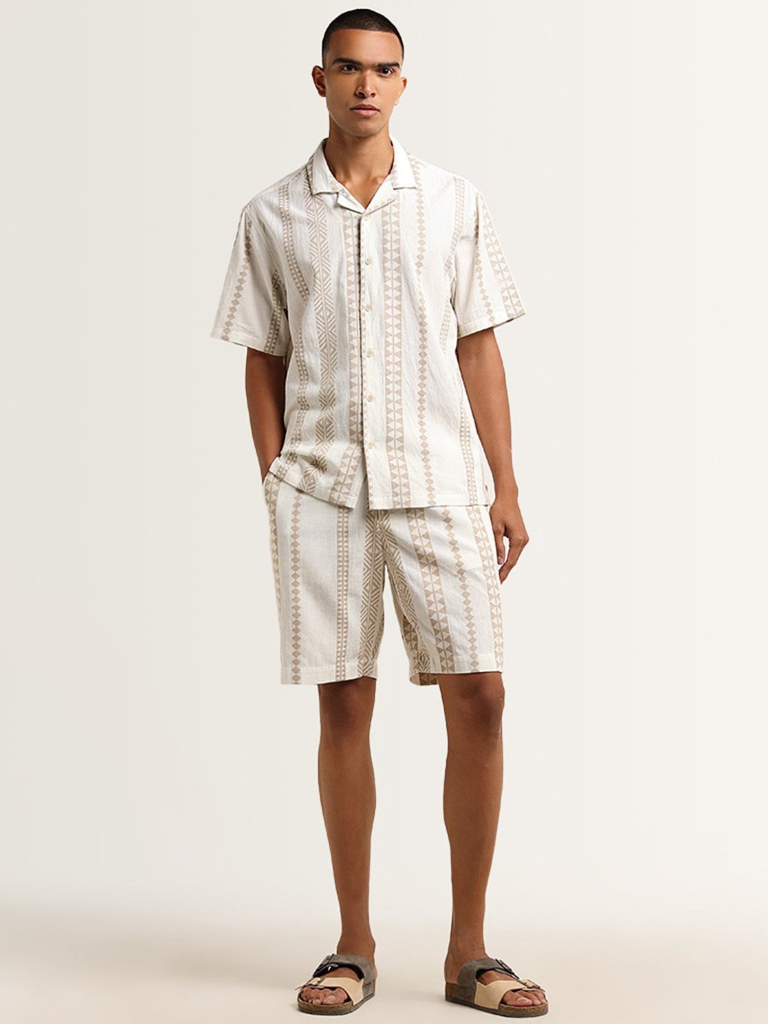 ETA by Westside Beige Geometric Printed Relaxed Fit Mid Rise Shorts