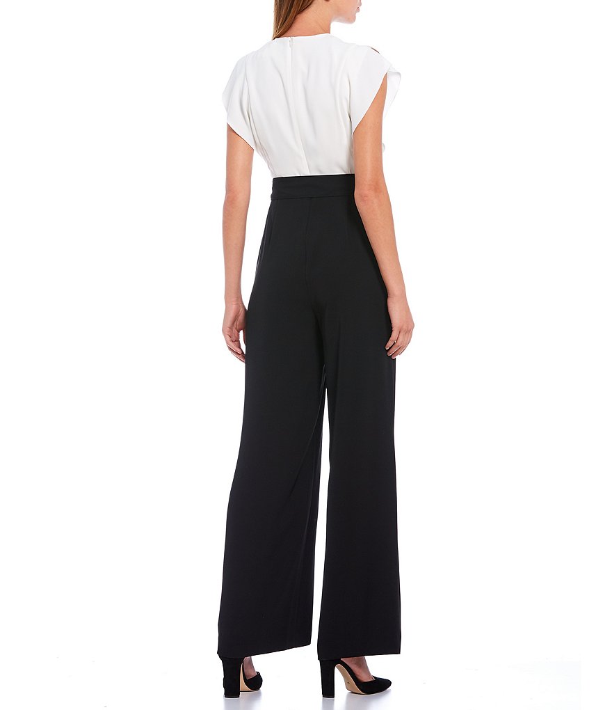 Eliza J V-Neck Flutter Sleeve Tie Waist Colorblock Crepe Jumpsuit