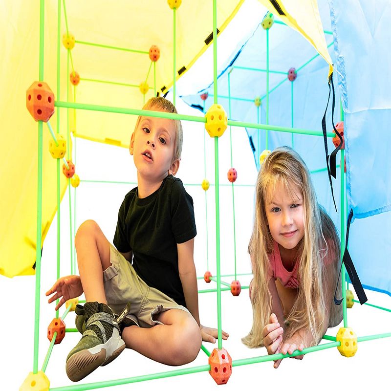 Funphix Glow in the Dark Jumbo Indoor and Outdoor Fort Building Construction Toy Play Kit with Poles, Balls, and 4 Long Sheets, 154 pieces