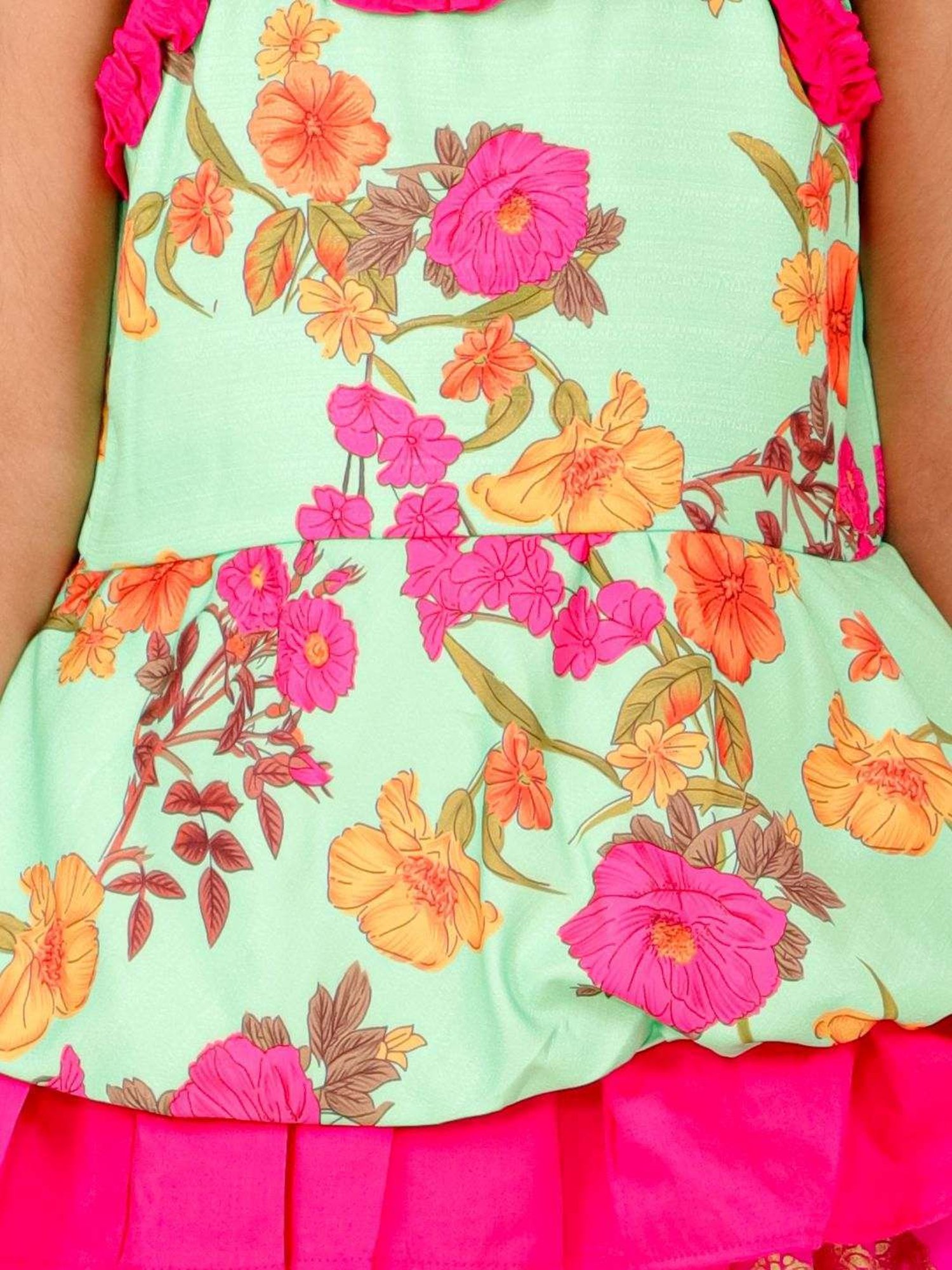 TWISHA Kids Green & Pink Floral Print Top Set