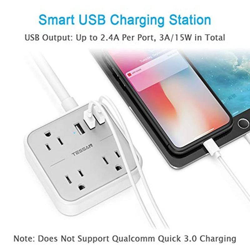 Power Strip with USB, TESSAN Flat Plug Extension Cord with 3 USB Ports, Mini Travel Power Strip with 3 Widely Spaced Outlets, 5 Feet Cord, Compact for Dorm Essentials, Cruise Ship, Hotel, Home, Gray