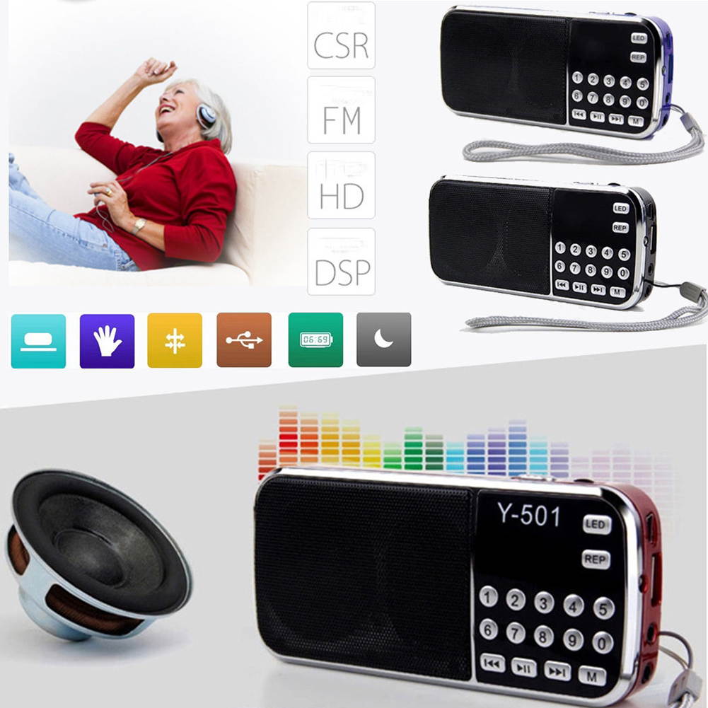 Portable FM Radio with Speaker and SD Card Player 3-in-1, Stereo MP3 Music Player, Digital LCD Display, LED Flashlight, Loop Playback, Breakpoint Memory