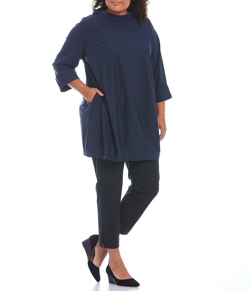 IC Collection Plus Size Stretch Woven Funnel Neck Stand Collar 3/4 Sleeve Tunic