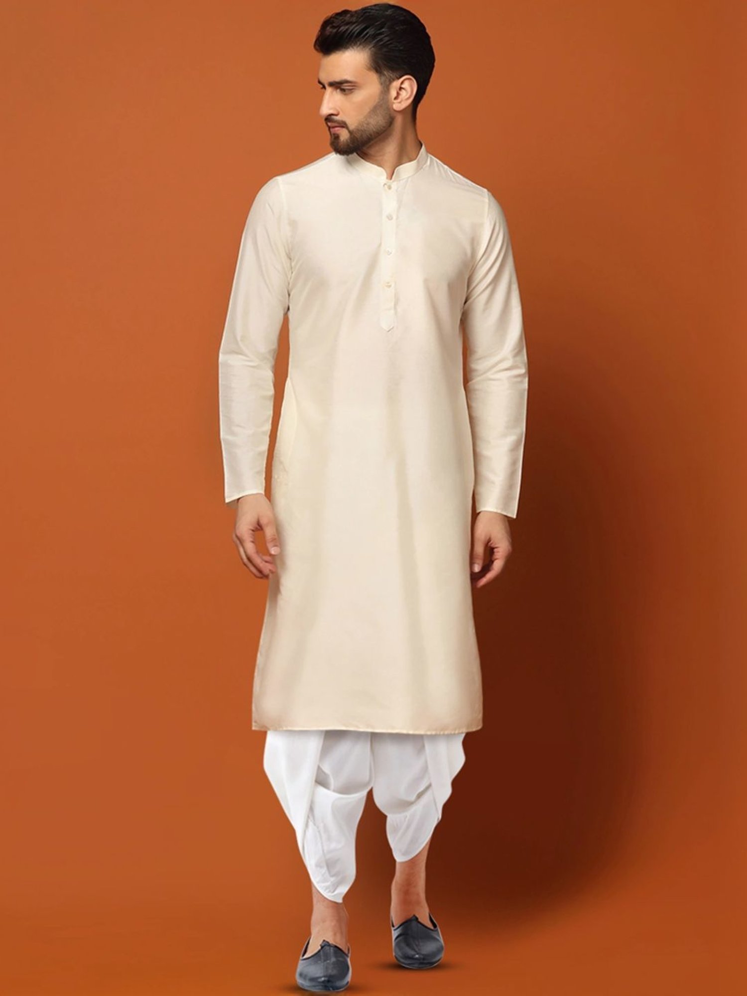 Kisah Beige & White Regular Fit Jacquard Sherwani Set