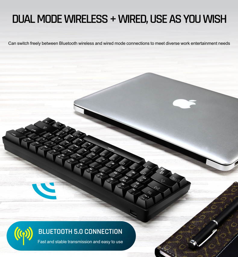 CUUWE K28 Wireless Bluetooth 61-Key Dual-Mode RGB Backlit Waterproof Mechanical Gaming Keyboard - Office Keyboard -Gaming Keyboard