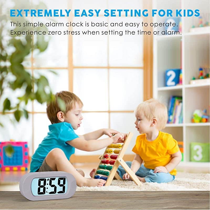 Kids Alarm Clock  Large Digital LCD Travel Alarm Clocks with Snooze and Night Light Ascending Sound and Handheld Size Best Gift for Kids White