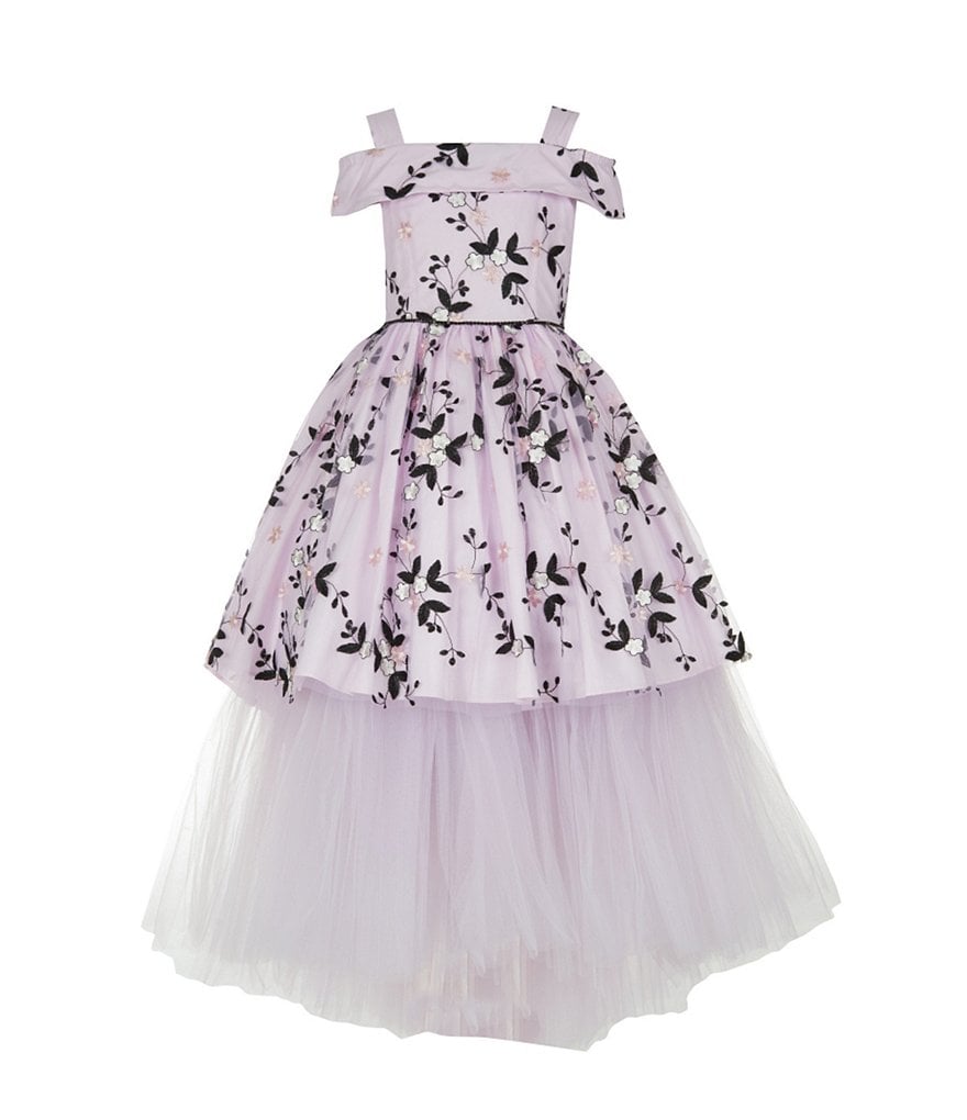 Badgley Mischka Big Girls 7-14 Off-the-Shoulder Floral Embroidered Hangdown Dress