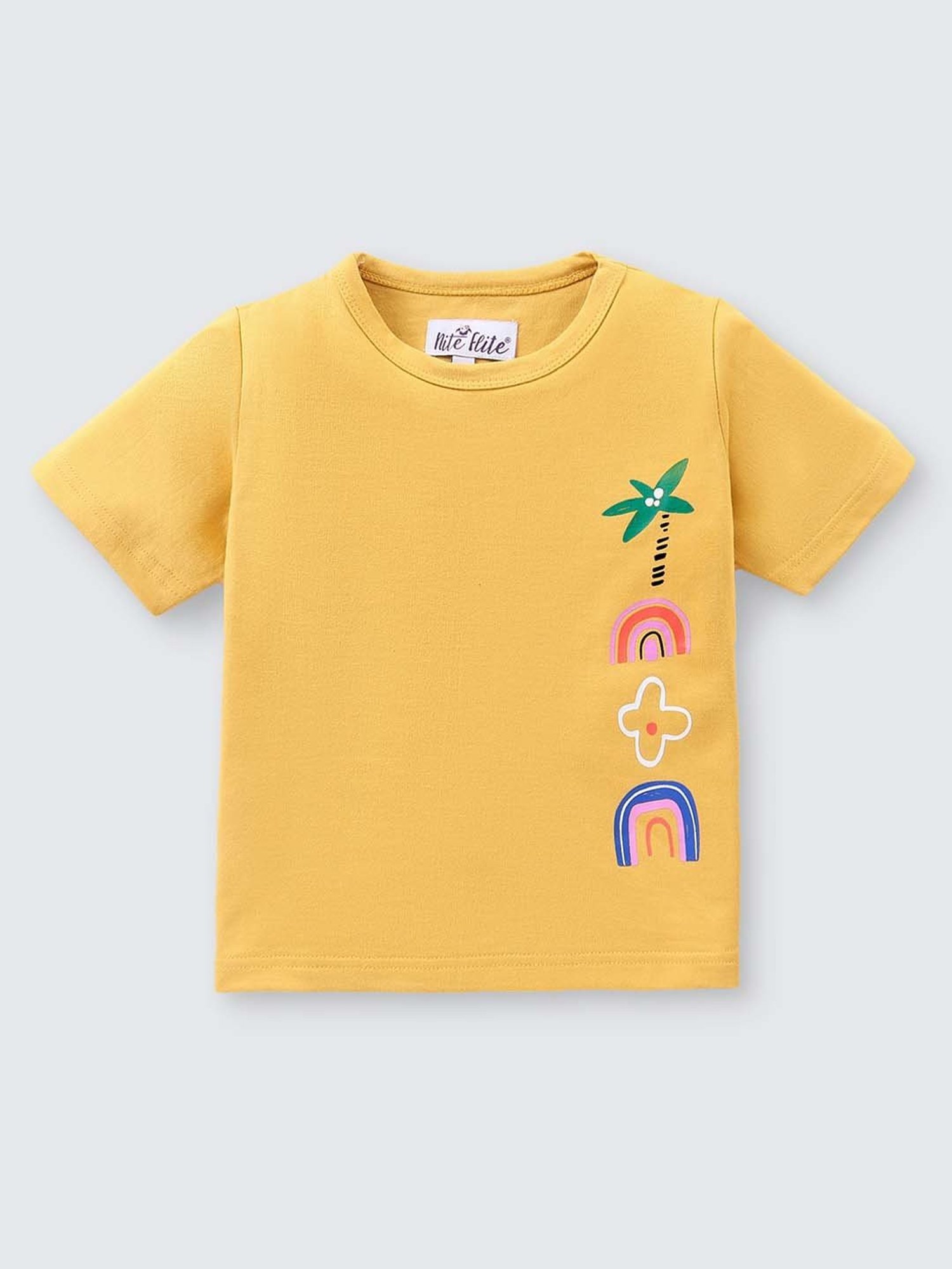 Nite Flite Kids Mustard Cotton Printed T-Shirt Set