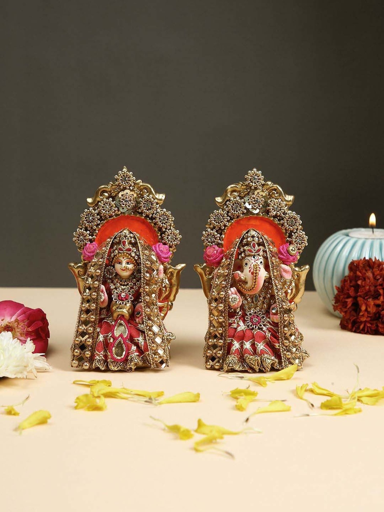 Aapno Rajasthan Red & Golden Terracotta Handcrafted Laxmi Ganesh Idol Set