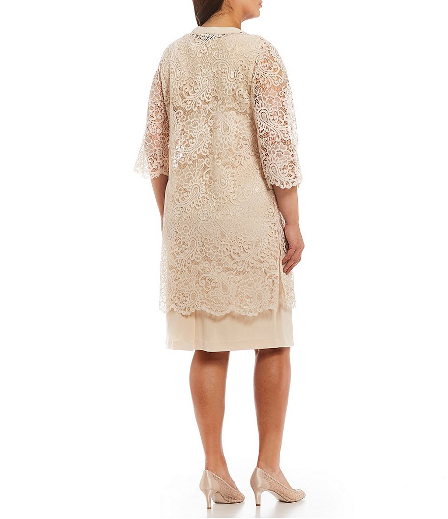Le Bos Plus Size V-Neck 3/4 Sleeve 2-Piece Lace Jacket Dress