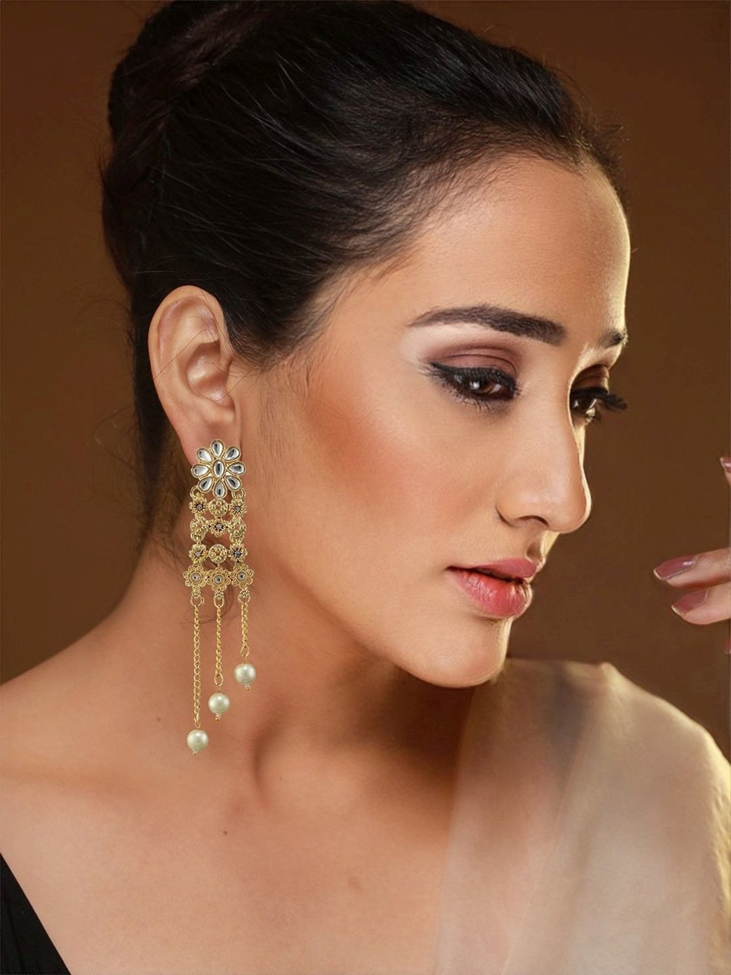 Priyaasi Studded Flower Pearl White Dangler Earrings