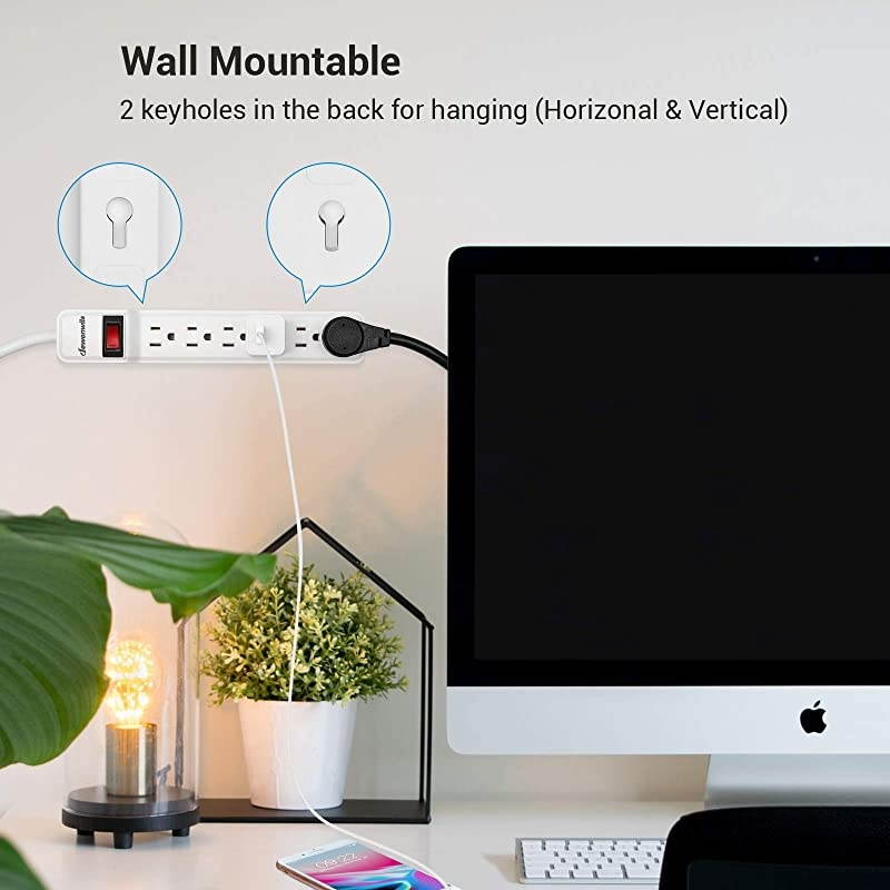 6Outlet Power Strip Surge Protector Long Extension Cord Low Profile Flat Plug and 15 Amp Circuit Breaker 500 Joules Wall Mount UL Listed 15 Foot White