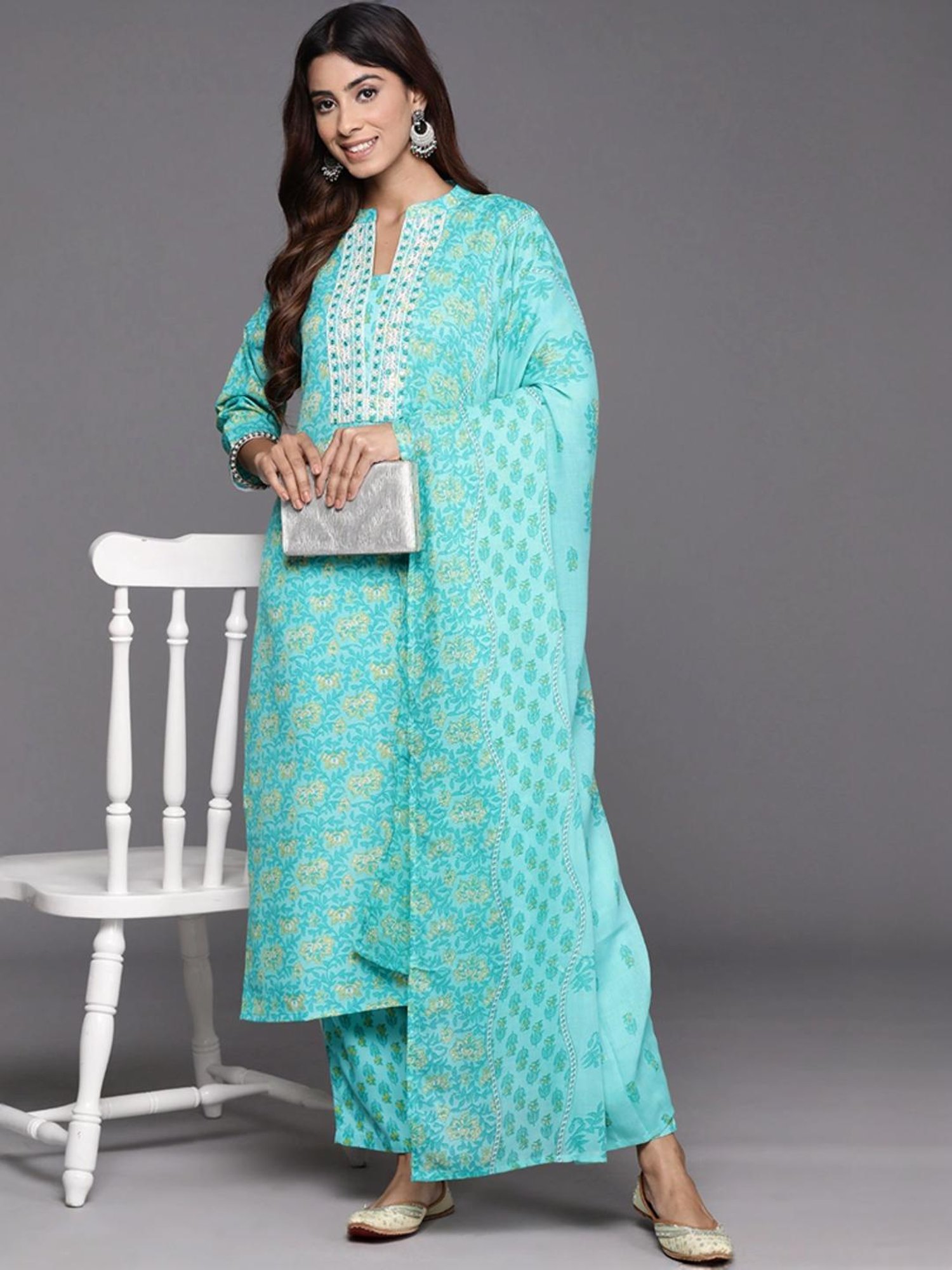 Varanga Green Cotton Floral Print Kurta Pant Set With Dupatta