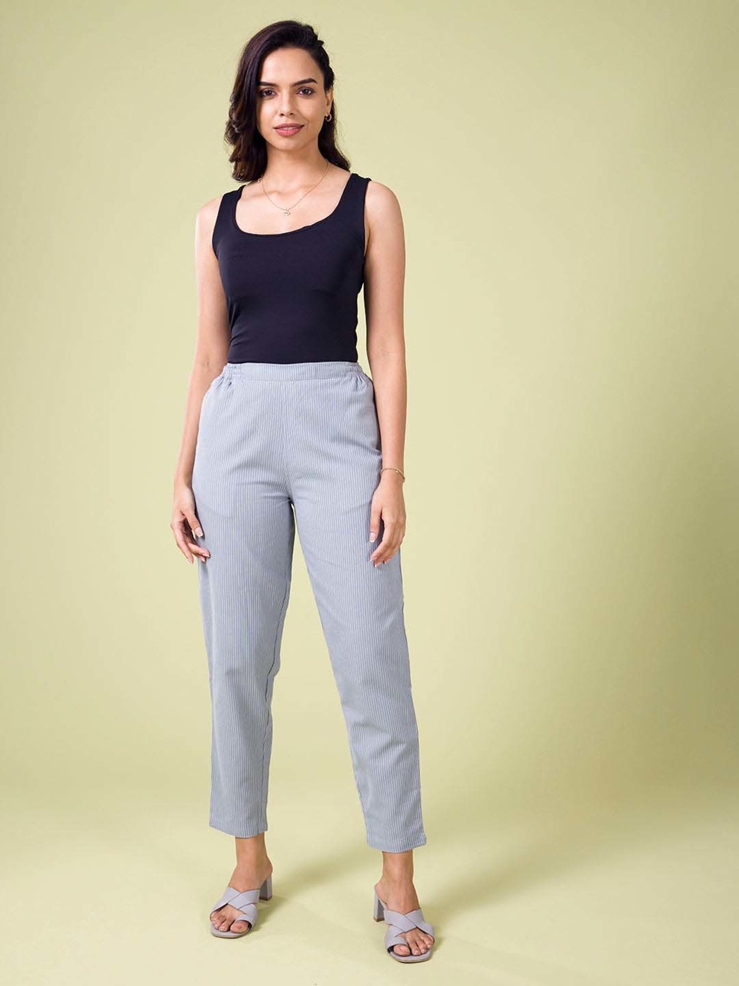 Go Colors! Blue Linen Striped Pencil Pants