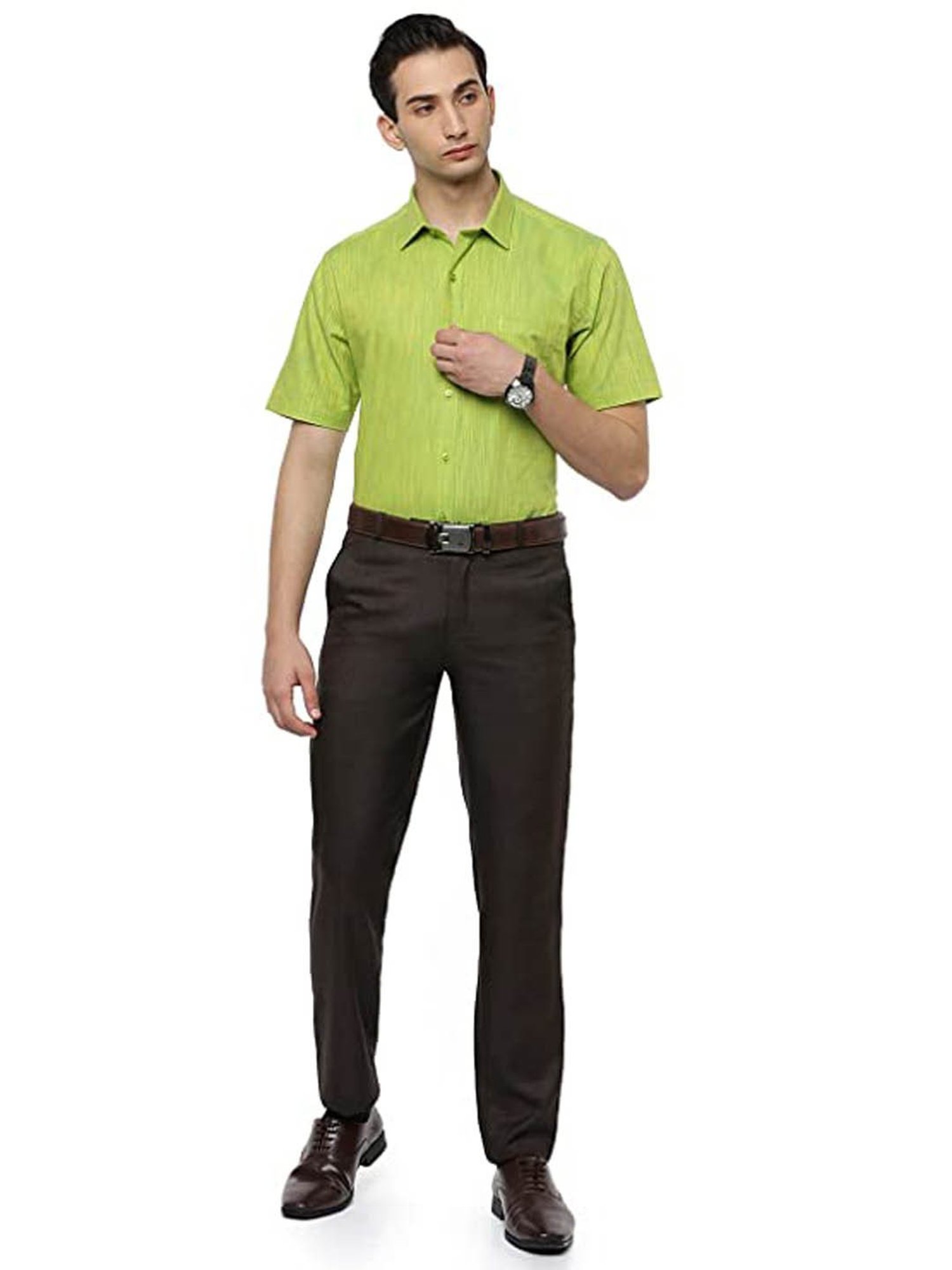 Ramraj Green Cotton Slim Fit Self Pattern Shirt