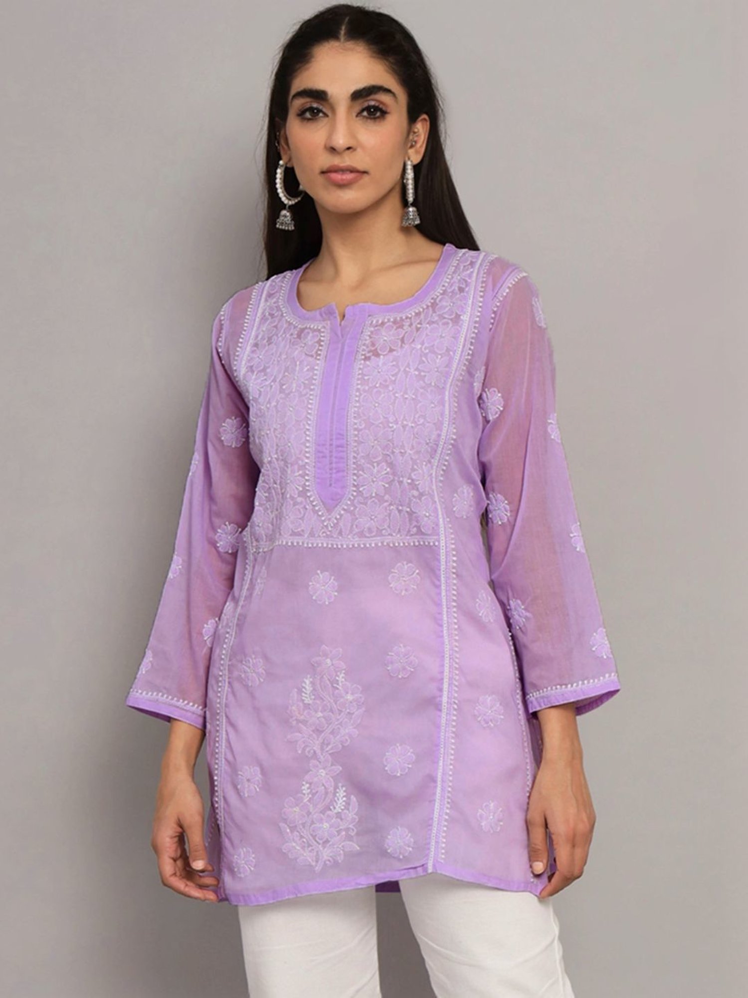 PARAMOUNT CHIKAN Orchid Cotton Hand Embroidered Chikankari Straight Kurti