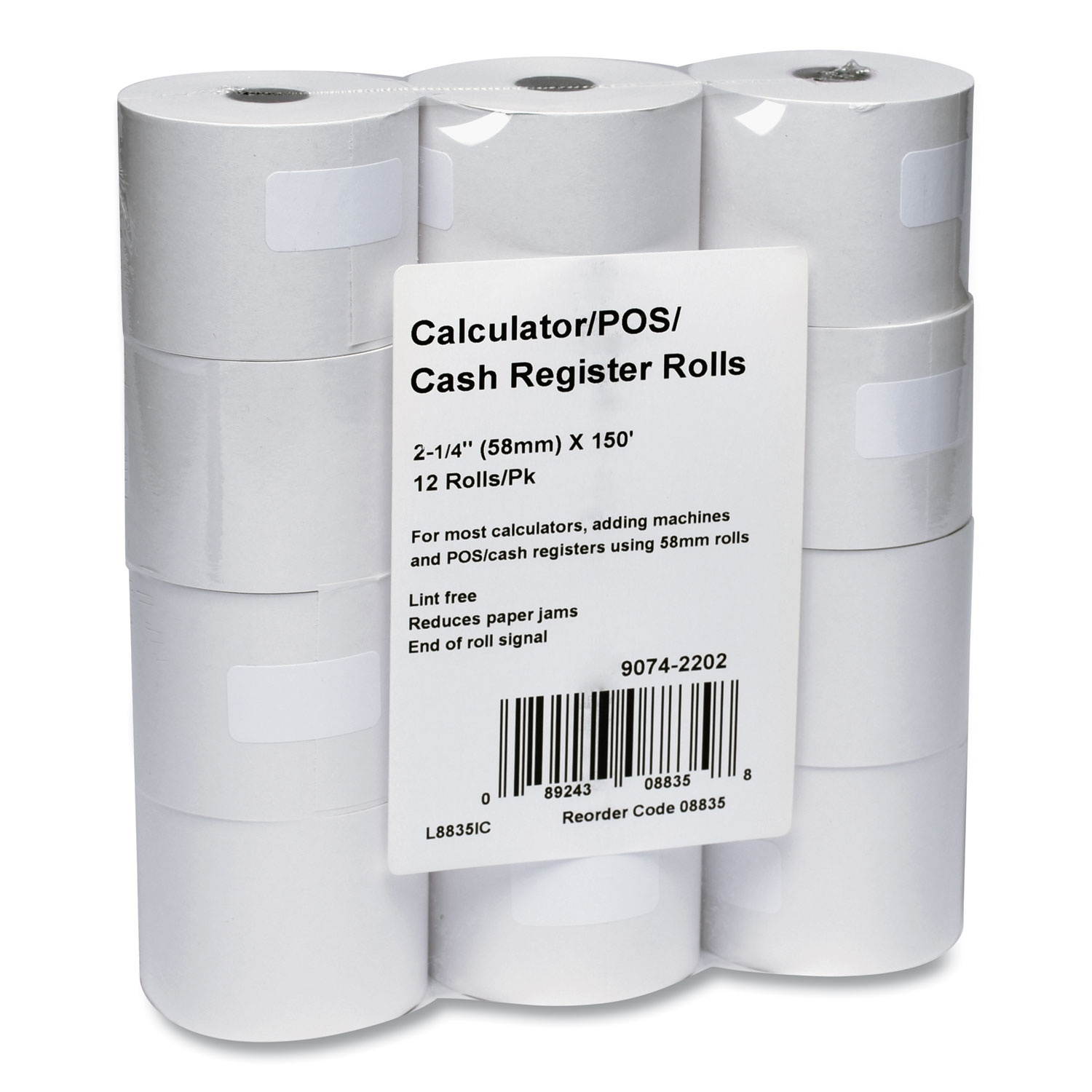 PM Company Paper Rolls One Ply Cash Register/Add Roll 2 1/4" x 150 ft White 12