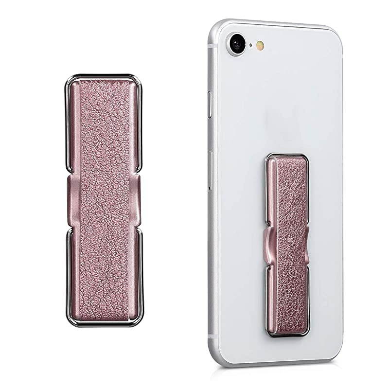 Universal Elastic Finger Holder for Smartphones PU Leather Stretch Grip Finger Strap with Stand Compatible with All Smartphones Rose Gold