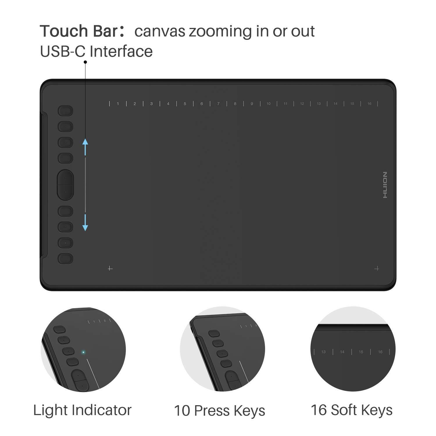Huion H1161 Graphic Drawing Tablets 11 x 6.8 inch Graphics Tablet with Battery-Free 8192 Pen Pressure, 10 Express Keys and Touch Strip, Compatible with Mac, PC or Android Mobile
