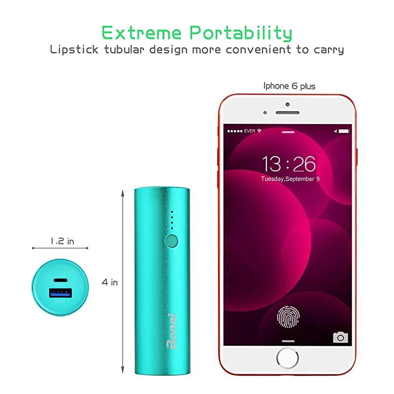 Portable Charger  Power Bank 5000mAh UltraCompactAluminumTravel Slim External Backup Battery Pack HighSpeed Output Compatible iPhoneiPadiPodSamsung MintCharging Cable Included