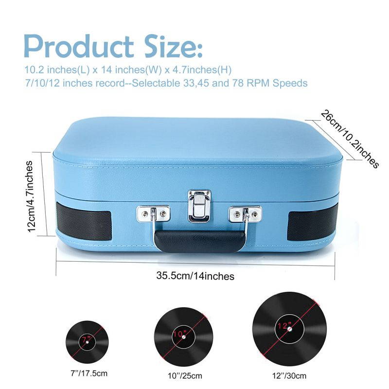 LP&No.1 Portable Bluetooth Turntable with USB Play and Recording,Suitcase 3 Speed Vinyl Record Player with Pitch Control,RCA Output and Aux Input, Blue