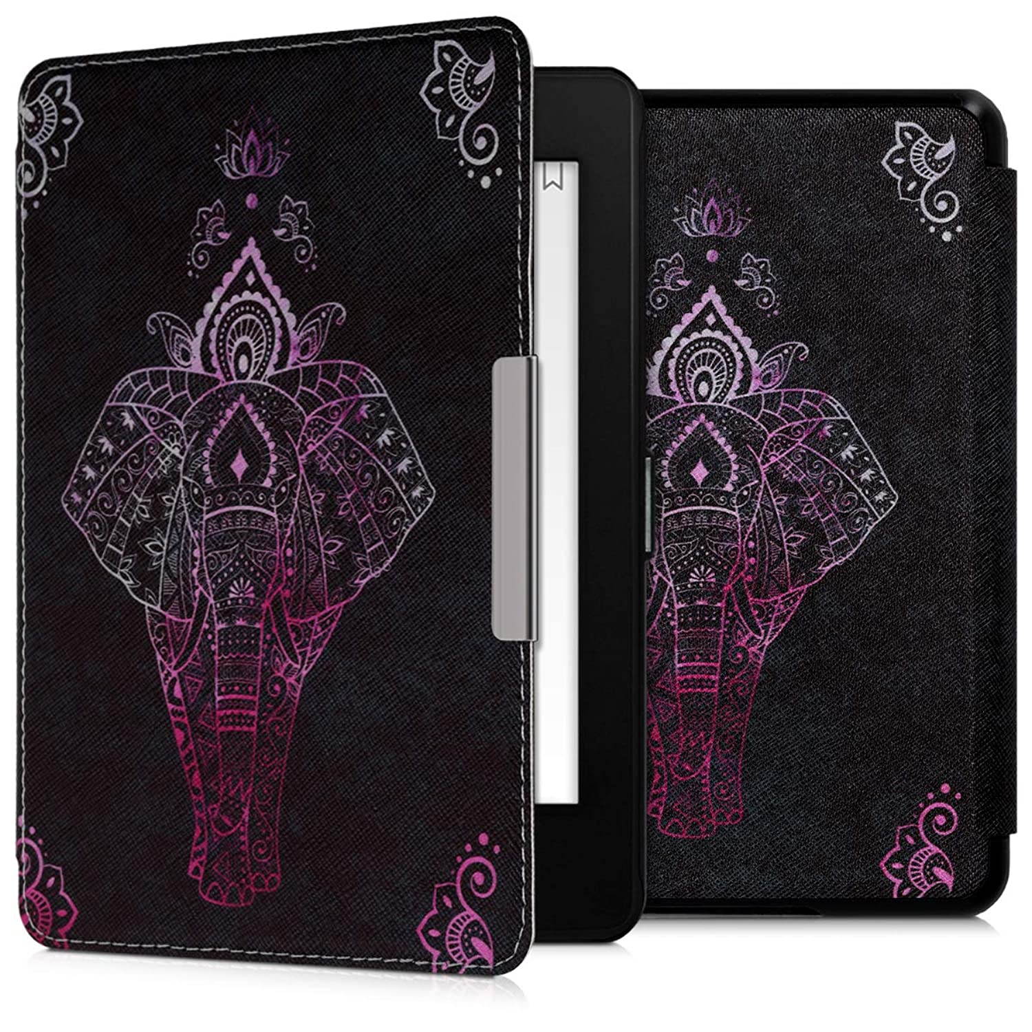 kwmobile Case Compatible with Amazon Kindle Paperwhite (10. Gen - 2018) - Book Style PU Leather e-Reader Cover - Elephant Sketch Dark Pink/Anthracite