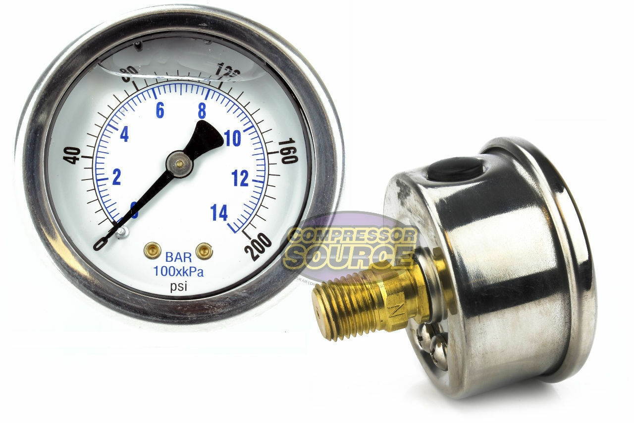 2" Back Mount 1/4 Liquid Filled 200 PSI Compressed Air Compressor Pressure Gauge
