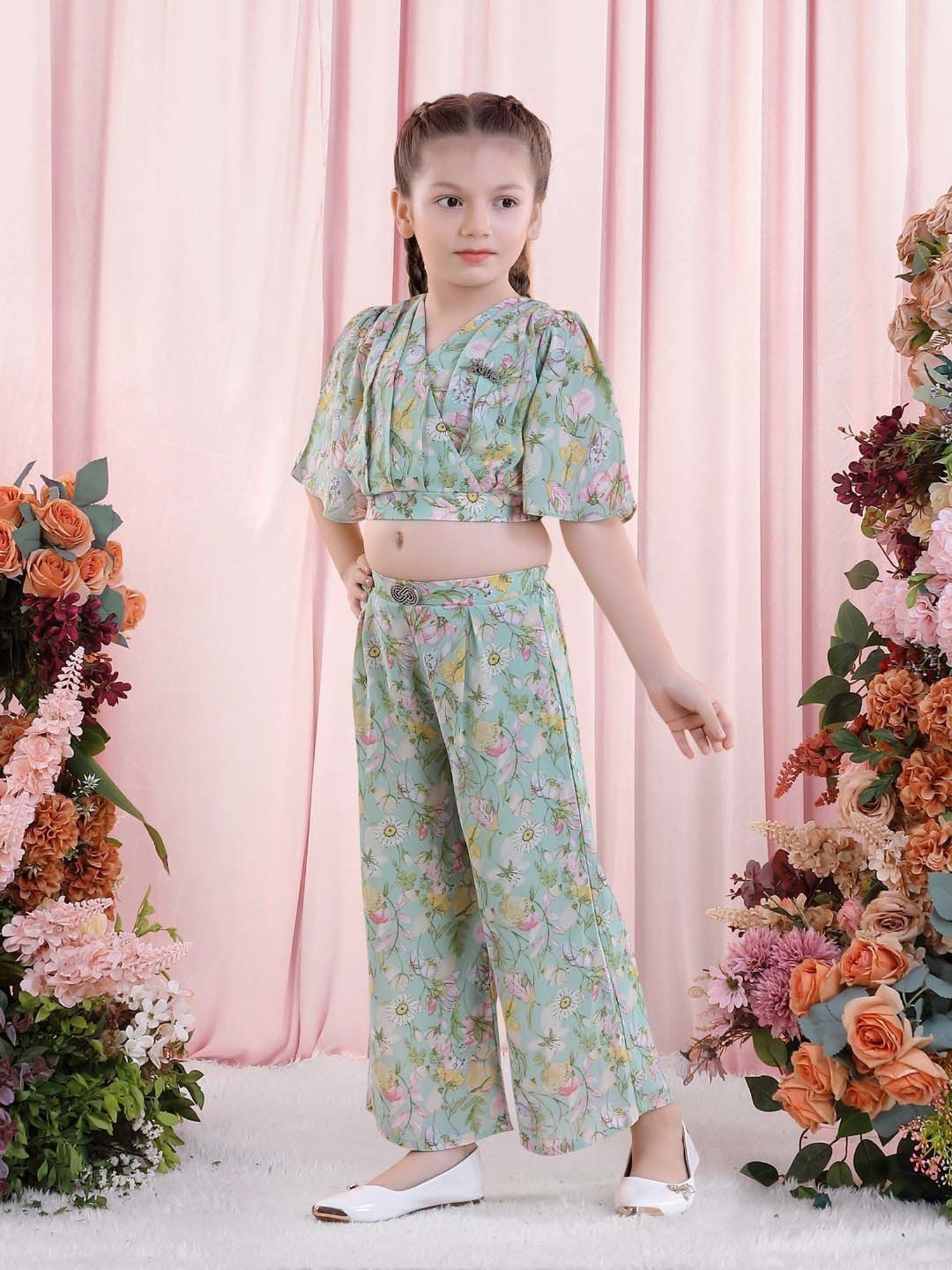 poplins Kids Green & Pink Cotton Floral Print Top Set