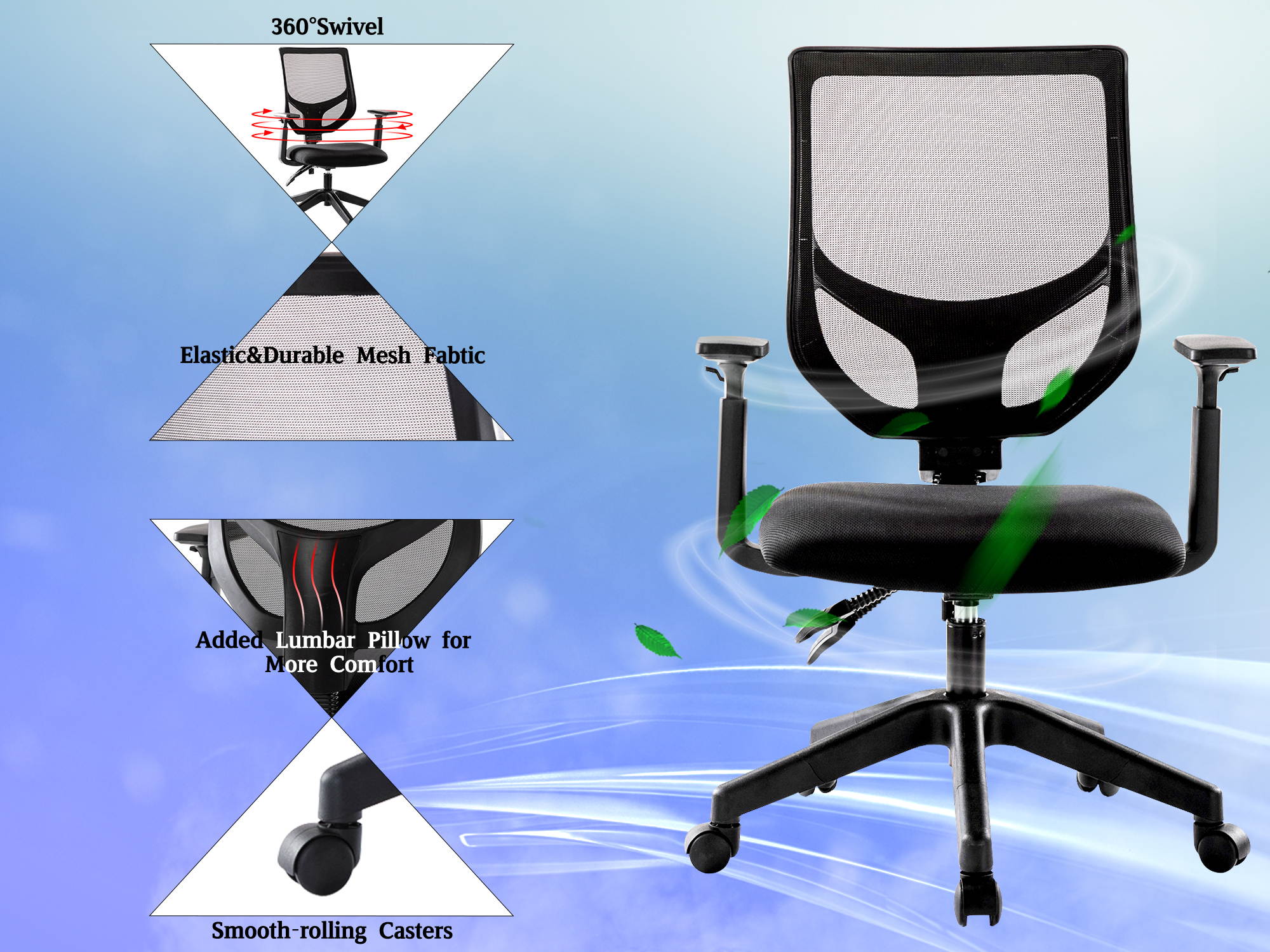 RIMIKING Ergonomic Back Office Chair, Swivel Mid-Back Mesh Back with Height Adjustment and Padded Eco Leather Seat