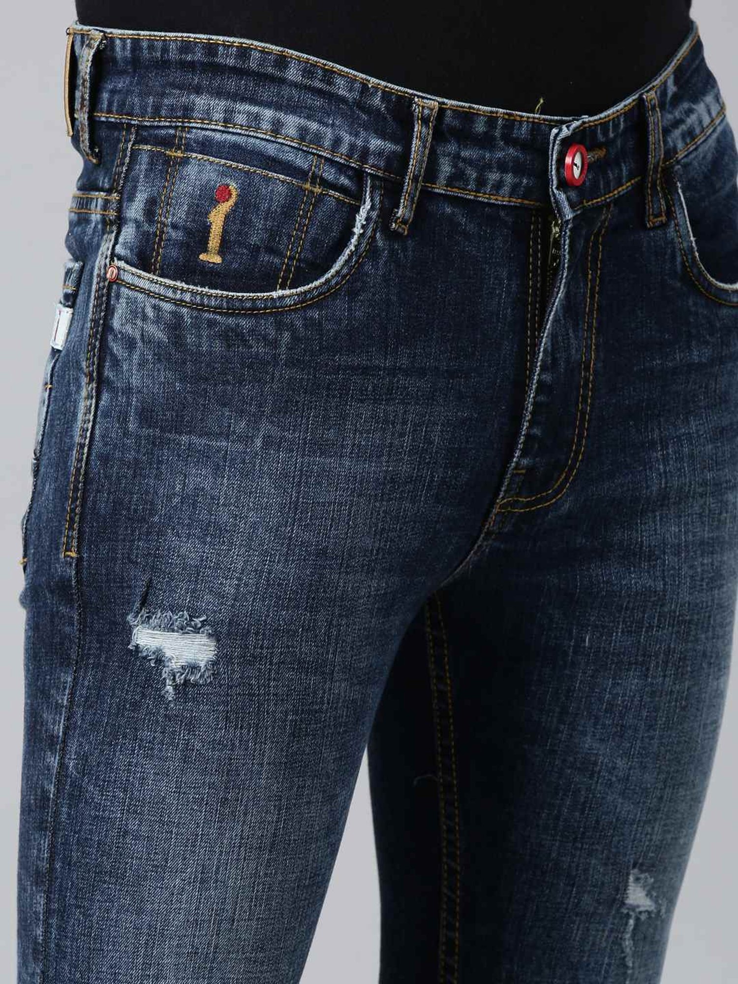 CINOCCI Blue Cotton Slim Fit Distressed Jeans