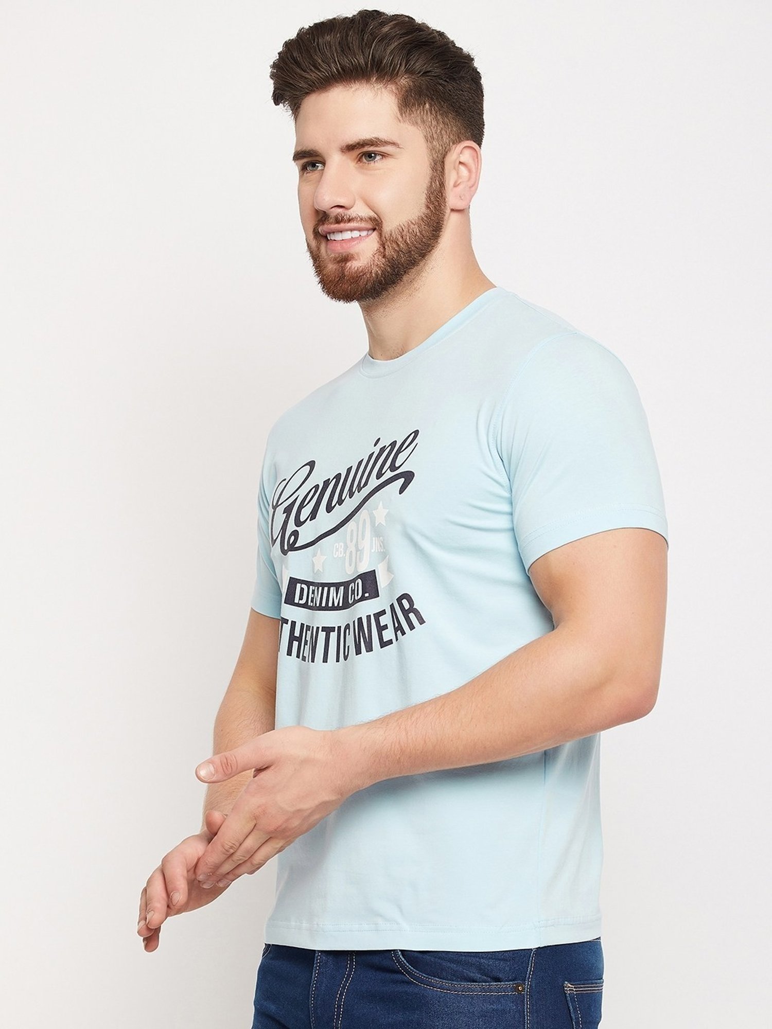 Cantabil Sky Blue Regular Fit Printed T-Shirt
