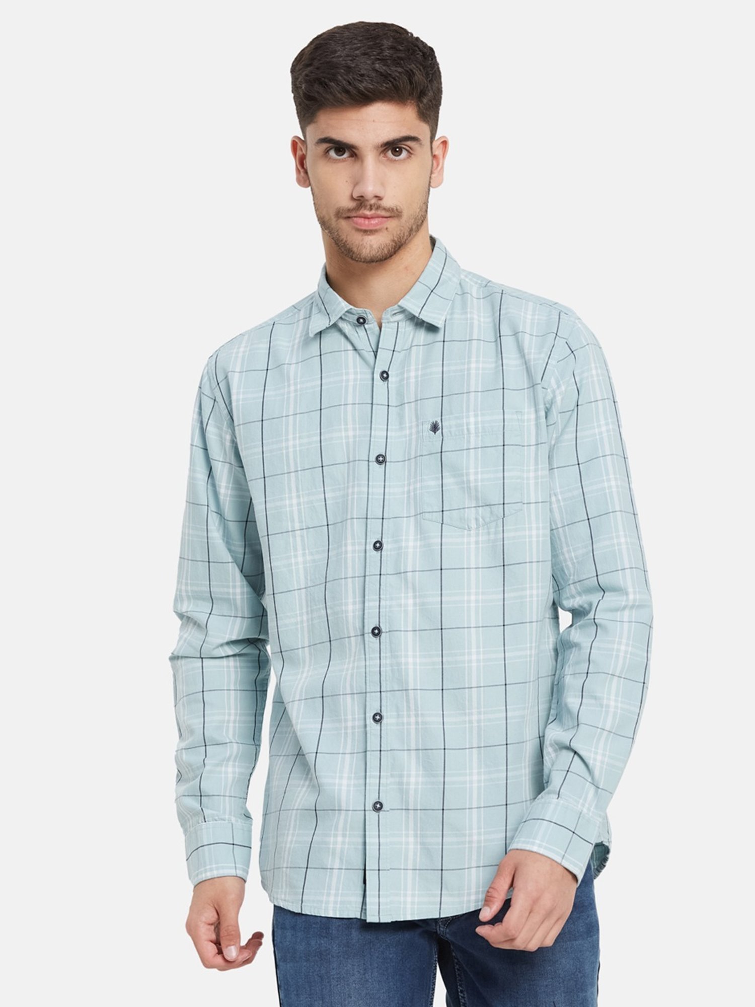METTLE Light Teal Cotton Regular Fit Checks Shirt