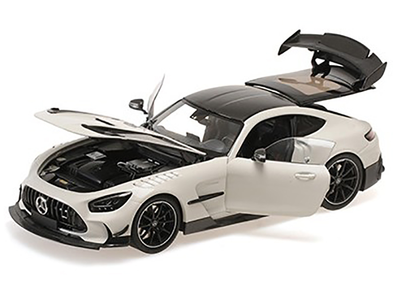 2021 Mercedes-Benz AMG GT Black Series White Metallic with Black Top and Hood Stripes 1/18 Diecast Model Car by Minichamps