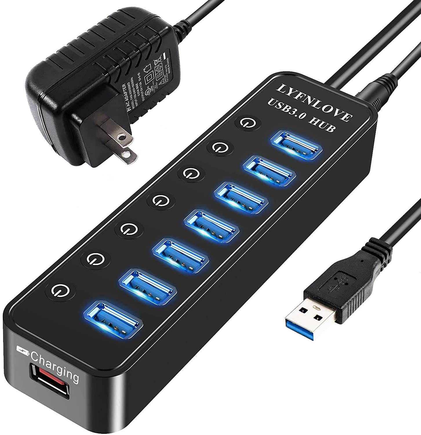 Powered USB 3.0 Hub, 7-Port Data USB Hub with Power Adapter and One Smart Charging Port, USB Splitter with Individual On/Off Switches for MacBook, Mac Pro/Mini, iMac, Surface Pro Laptop/PC