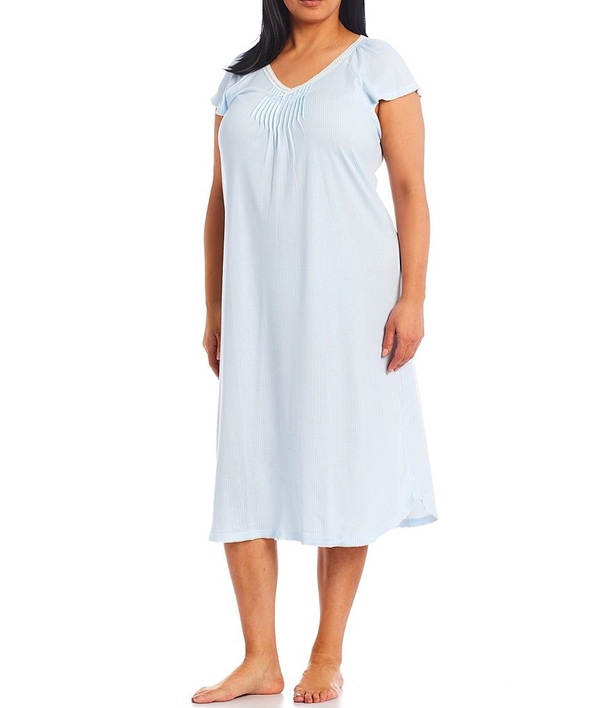 Miss Elaine Plus Striped Print Knit Long Nightgown